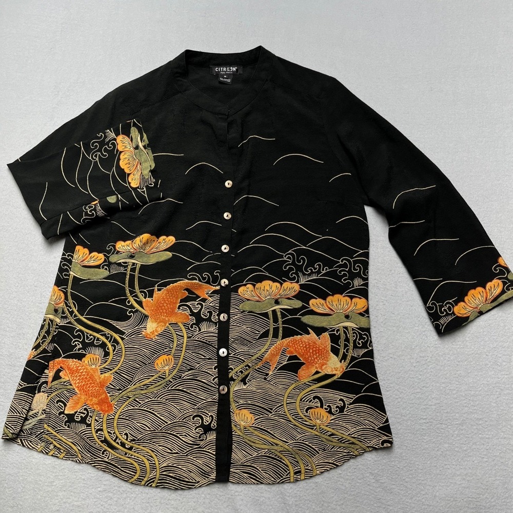 Citron Santa Monica Silk Blend Koi Fish Lotus Print Blouse Black Gold Medium